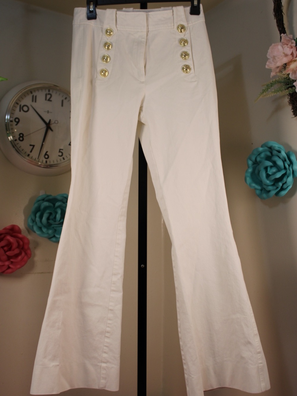 Women's White High-Rise Sailor Pants with Gold Buttons